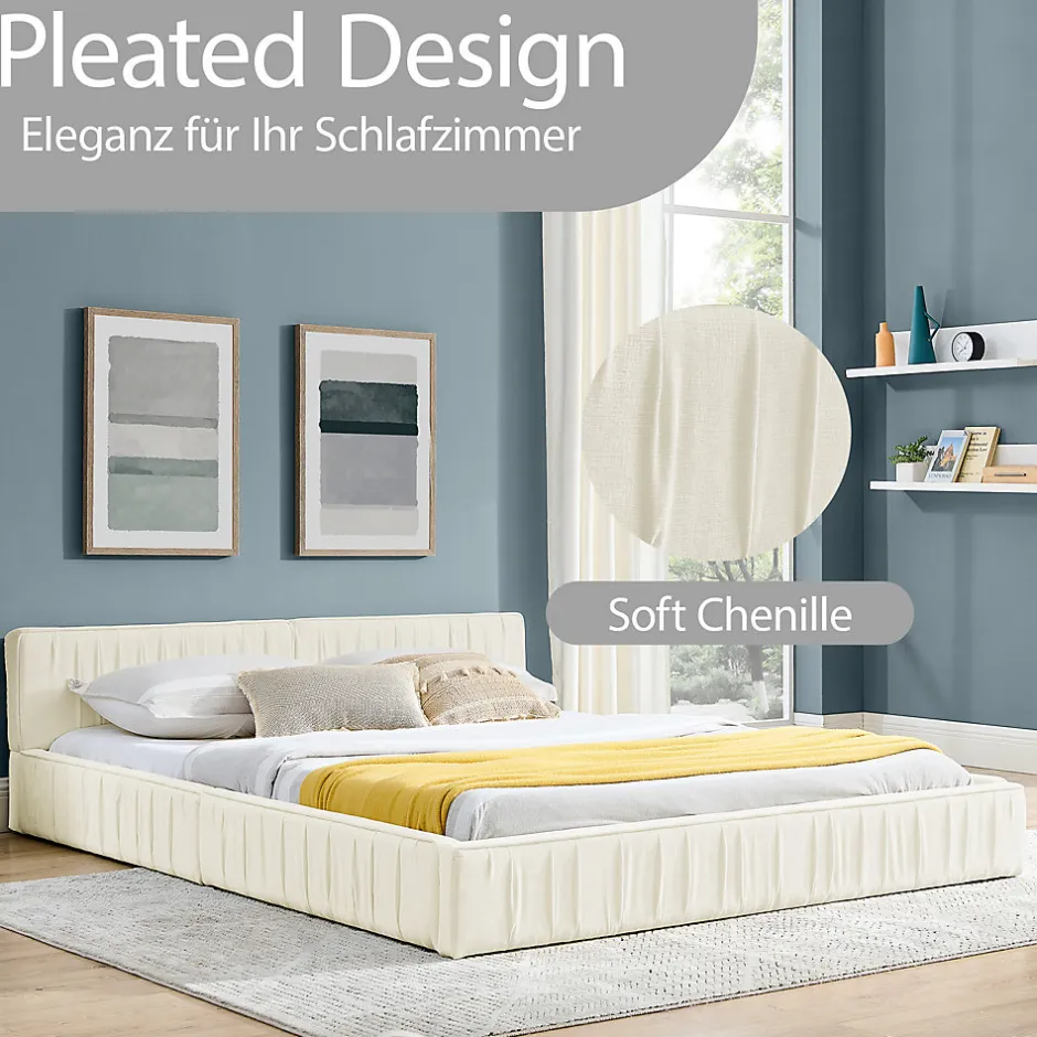 Okwish Lit Double Capitonné 160x200 cm, Tête de Lit, Structure Bois d'Eucalyptus Métal, Chenille Doux, Beige, Sans Matelas
