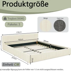 Okwish Lit Double Capitonné 160x200 cm, Tête de Lit, Structure Bois d'Eucalyptus Métal, Chenille Doux, Beige, Sans Matelas