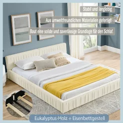 Okwish Lit Double Capitonné 160x200 cm, Tête de Lit, Structure Bois d'Eucalyptus Métal, Chenille Doux, Beige, Sans Matelas