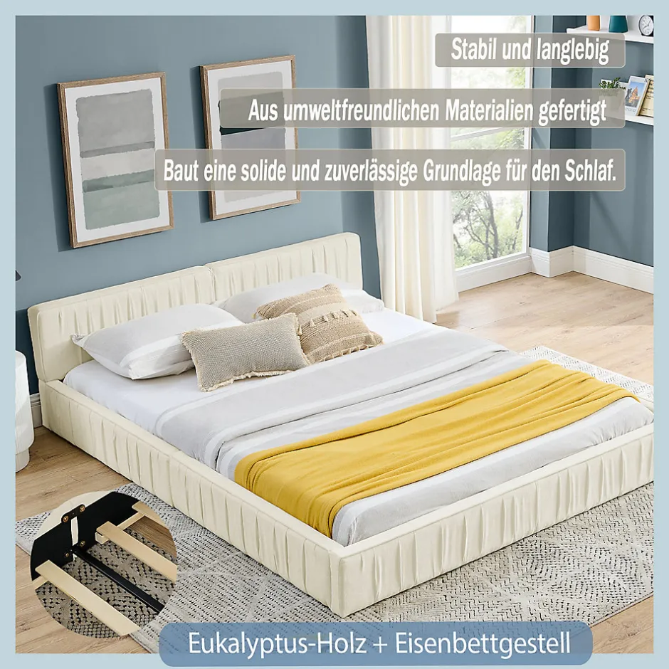 Okwish Lit Double Capitonné 160x200 cm, Tête de Lit, Structure Bois d'Eucalyptus Métal, Chenille Doux, Beige, Sans Matelas