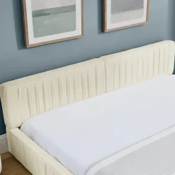 Okwish Lit Double Capitonné 160x200 cm, Tête de Lit, Structure Bois d'Eucalyptus Métal, Chenille Doux, Beige, Sans Matelas