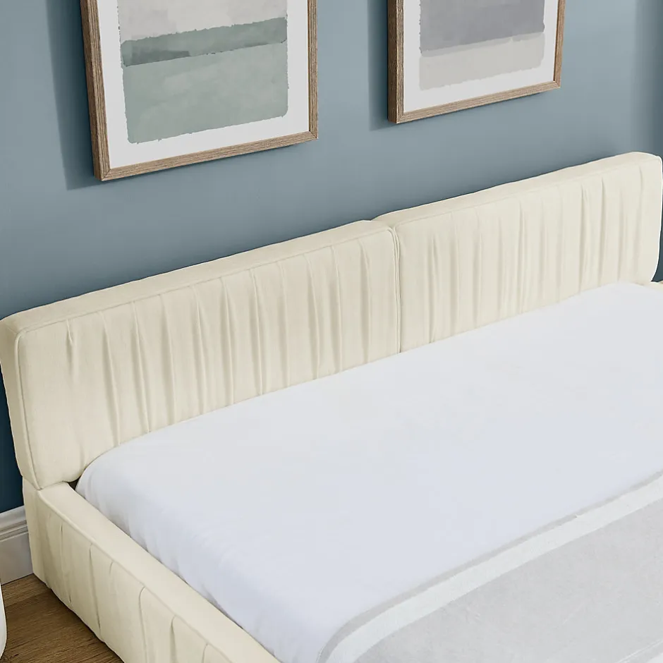 Okwish Lit Double Capitonné 160x200 cm, Tête de Lit, Structure Bois d'Eucalyptus Métal, Chenille Doux, Beige, Sans Matelas