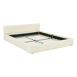 Okwish Lit Double Capitonné 160x200 cm, Tête de Lit, Structure Bois d'Eucalyptus Métal, Chenille Doux, Beige, Sans Matelas
