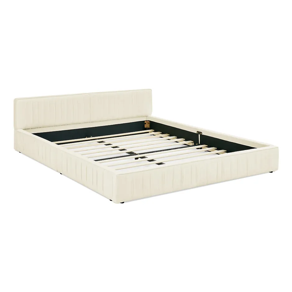 Okwish Lit Double Capitonné 160x200 cm, Tête de Lit, Structure Bois d'Eucalyptus Métal, Chenille Doux, Beige, Sans Matelas
