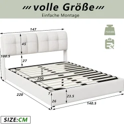 Fortuna lai Lit double capitonné 140x200 cm,éclairage LED, ports et prises USB, sommier à lattes, linge, lit queen,Beige