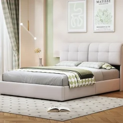 Fortuna lai Lit double capitonné 140x200 cm,éclairage LED, ports et prises USB, sommier à lattes, linge, lit queen,Beige