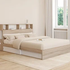 IDMarket Lit double CLEM avec rangements + tête de lit et sommier 160 x 200 cm hêtre et blanc Clearance