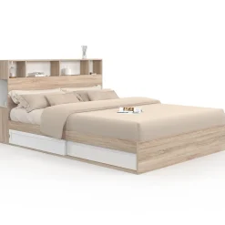 IDMarket Lit double CLEM avec rangements + tête de lit et sommier 160 x 200 cm hêtre et blanc Clearance