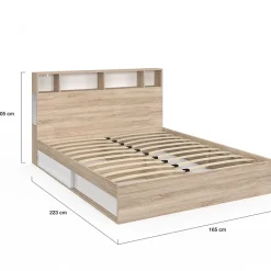 IDMarket Lit double CLEM avec rangements + tête de lit et sommier 160 x 200 cm hêtre et blanc Clearance
