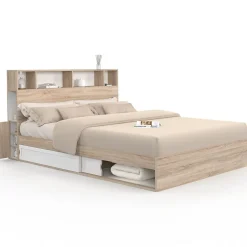 IDMarket Lit double CLEM avec rangements + tête de lit et sommier 160 x 200 cm hêtre et blanc Clearance