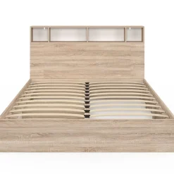 IDMarket Lit double CLEM avec rangements + tête de lit et sommier 160 x 200 cm hêtre et blanc Clearance