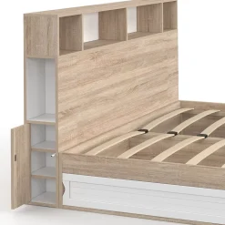 IDMarket Lit double CLEM avec rangements + tête de lit et sommier 160 x 200 cm hêtre et blanc Clearance