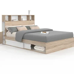 IDMarket Lit double CLEM avec rangements + tête de lit et sommier 140 x 190 cm hêtre et blanc