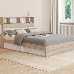 IDMarket Lit double CLEM avec rangements + tête de lit et sommier 140 x 190 cm hêtre et blanc