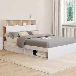 IDMarket Lit double CLEM avec tête de lit, rangements et sommier 140 x 190 cm blanc