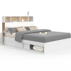 IDMarket Lit double CLEM avec tête de lit, rangements et sommier 140 x 190 cm blanc