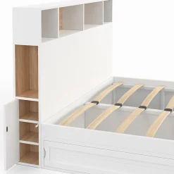 IDMarket Lit double CLEM avec tête de lit, rangements et sommier 140 x 190 cm blanc
