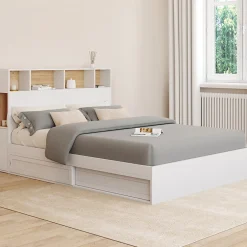 IDMarket Lit double CLEM avec tête de lit, rangements et sommier 140 x 190 cm blanc