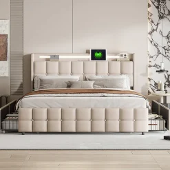 Fortuna lai Lit Double Coffre 160x200cm Avec Éclairage LED Et 4 Tiroirs, Rechargeable, Avec Tête De Lit,beige