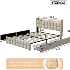 Fortuna lai Lit Double Coffre 160x200cm Avec Éclairage LED Et 4 Tiroirs, Rechargeable, Avec Tête De Lit,beige