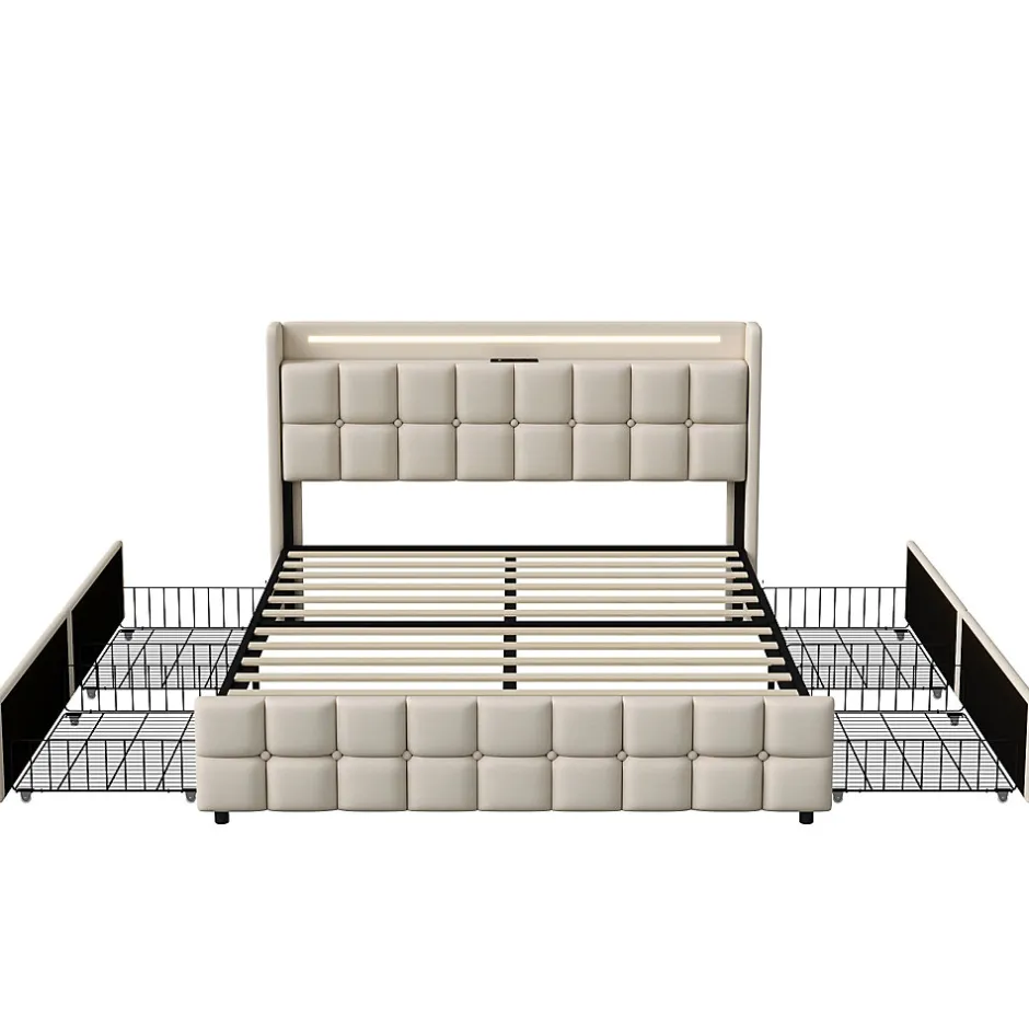 Fortuna lai Lit Double Coffre 160x200cm Avec Éclairage LED Et 4 Tiroirs, Rechargeable, Avec Tête De Lit,beige