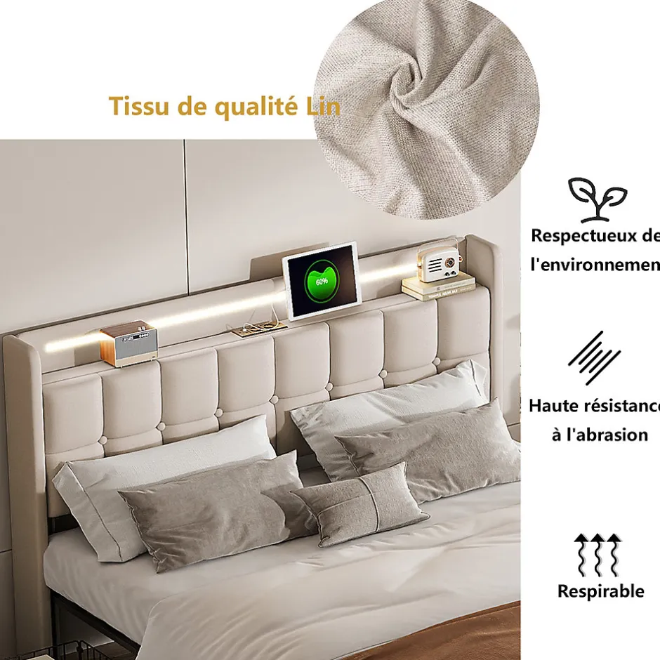 Fortuna lai Lit Double Coffre 160x200cm Avec Éclairage LED Et 4 Tiroirs, Rechargeable, Avec Tête De Lit,beige