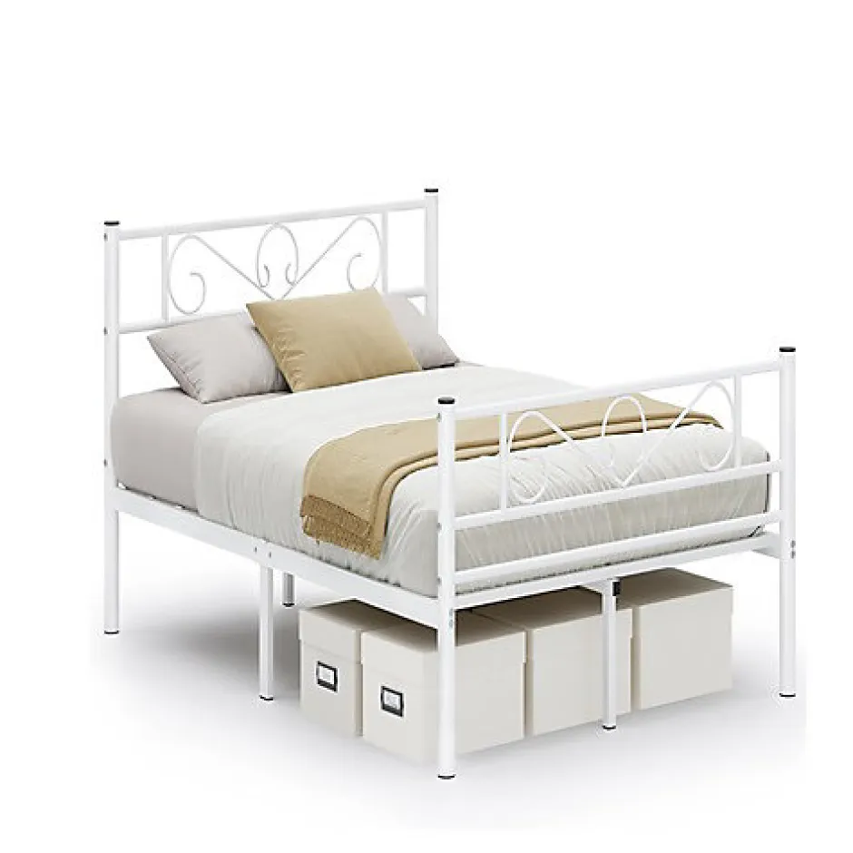 Nature Pro Lit Double Convient pour Matelas de 140 x 190 cm Blanc Métal Montage Facile + Espace Rangement Chambre