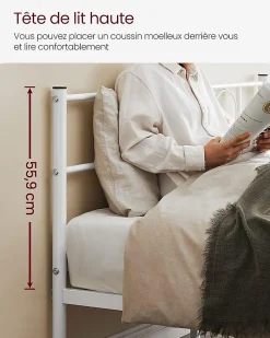 Nature Pro Lit Double Convient pour Matelas de 140 x 190 cm Blanc Métal Montage Facile + Espace Rangement Chambre