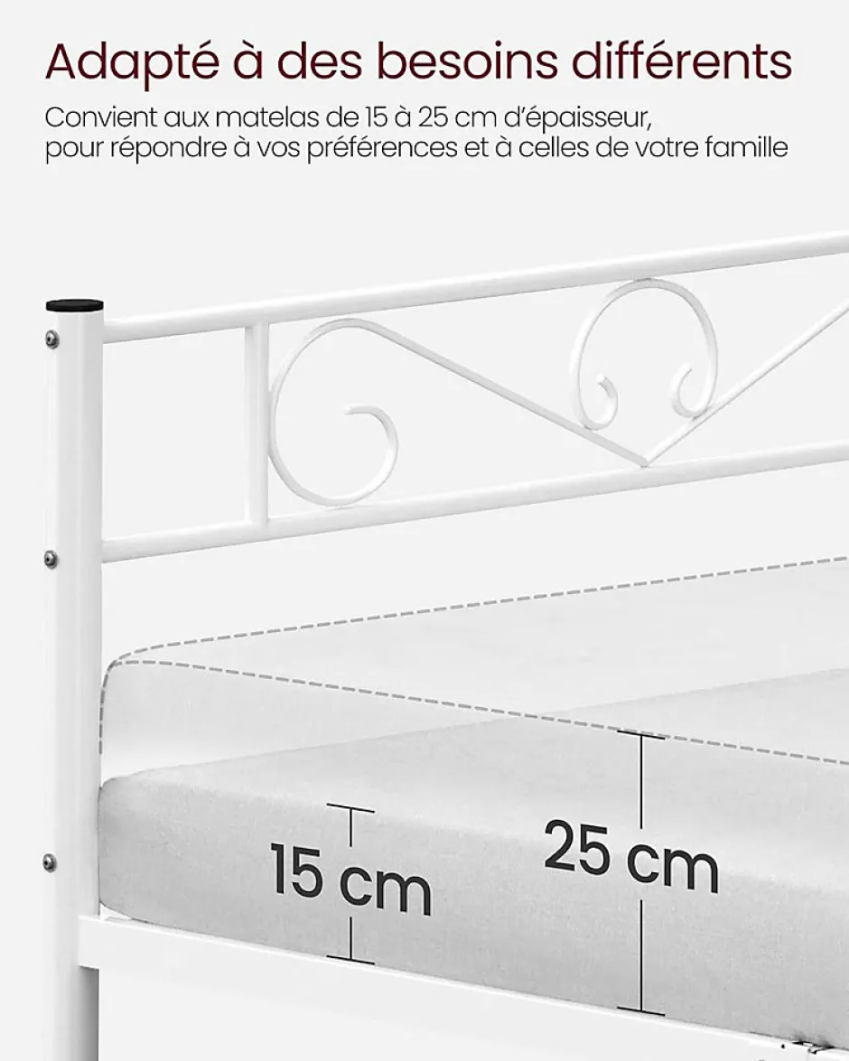 Nature Pro Lit Double Convient pour Matelas de 140 x 190 cm Blanc Métal Montage Facile + Espace Rangement Chambre