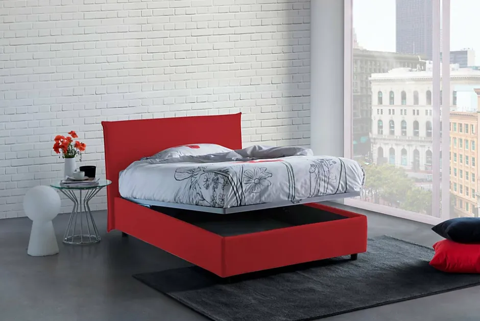 Talamo Italia Lit double Dacer, lit coffre avec revêtement en tissu, ouverture frontale, adapté pour matelas 120x190 cm, rouge Discount