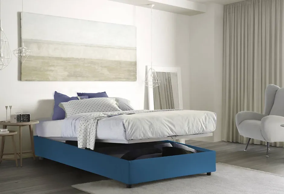 Talamo Italia Lit double Dbamb, Lit coffre avec revêtement en tissu, Ouverture frontale, avec matelas 120x190 cm inclus, Bleu Clearance
