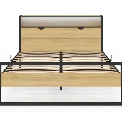 IDMarket Lit double DETROIT LED intégrés dans la tête de lit et sommier 140 x 190 cm effet bois et métal noir design industriel