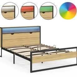 IDMarket Lit double DETROIT LED intégrés dans la tête de lit et sommier 140 x 190 cm effet bois et métal noir design industriel