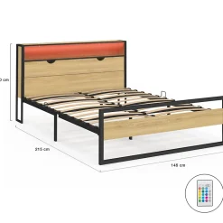 IDMarket Lit double DETROIT LED intégrés dans la tête de lit et sommier 140 x 190 cm effet bois et métal noir design industriel