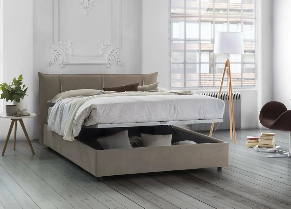 Talamo Italia Lit double Dfecci, Lit coffre avec revêtement en tissu, Ouverture frontale, avec matelas 160x200 cm inclus, Taupe