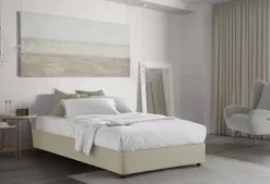 Talamo Italia Lit double Dmalizi, Lit coffre avec revêtement en tissu, Ouverture frontale, avec matelas 120x200 cm inclus, Beige