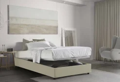 Talamo Italia Lit double Dmalizi, Lit coffre avec revêtement en tissu, Ouverture frontale, avec matelas 120x200 cm inclus, Beige