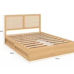 IDMarket Lit double EDHEN avec rangements + tête de lit effet cannage naturel et sommier 140 x 190 cm coloris bois Best