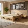 ModernLuxe Lit double en bois 180x200cm - avec tiroirs et 2 tables de chevet - Éclairage LED - Ports USB et Type-C - Naturel (sans matelas) New