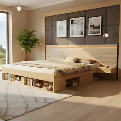 ModernLuxe Lit double en bois 180x200cm - avec tiroirs et 2 tables de chevet - Éclairage LED - Ports USB et Type-C - Naturel (sans matelas) New