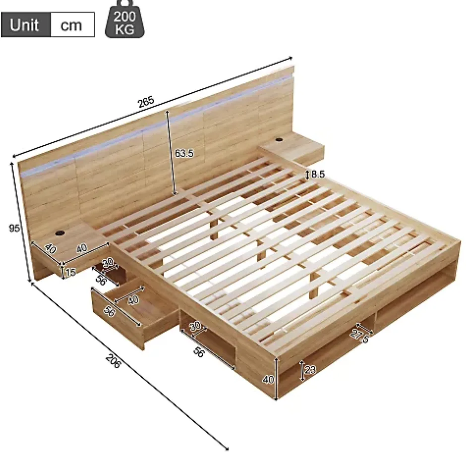 ModernLuxe Lit double en bois 180x200cm - avec tiroirs et 2 tables de chevet - Éclairage LED - Ports USB et Type-C - Naturel (sans matelas) New