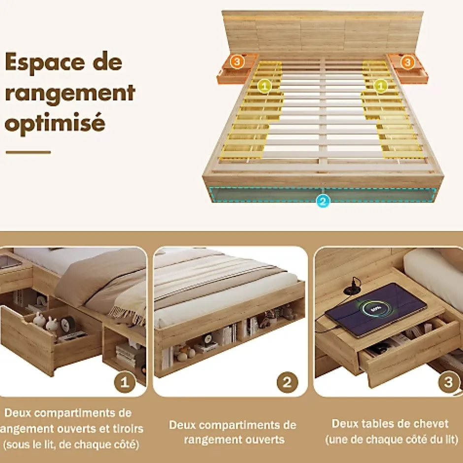 ModernLuxe Lit double en bois 180x200cm - avec tiroirs et 2 tables de chevet - Éclairage LED - Ports USB et Type-C - Naturel (sans matelas) New