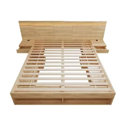 ModernLuxe Lit double en bois 180x200cm - avec tiroirs et 2 tables de chevet - Éclairage LED - Ports USB et Type-C - Naturel (sans matelas) New