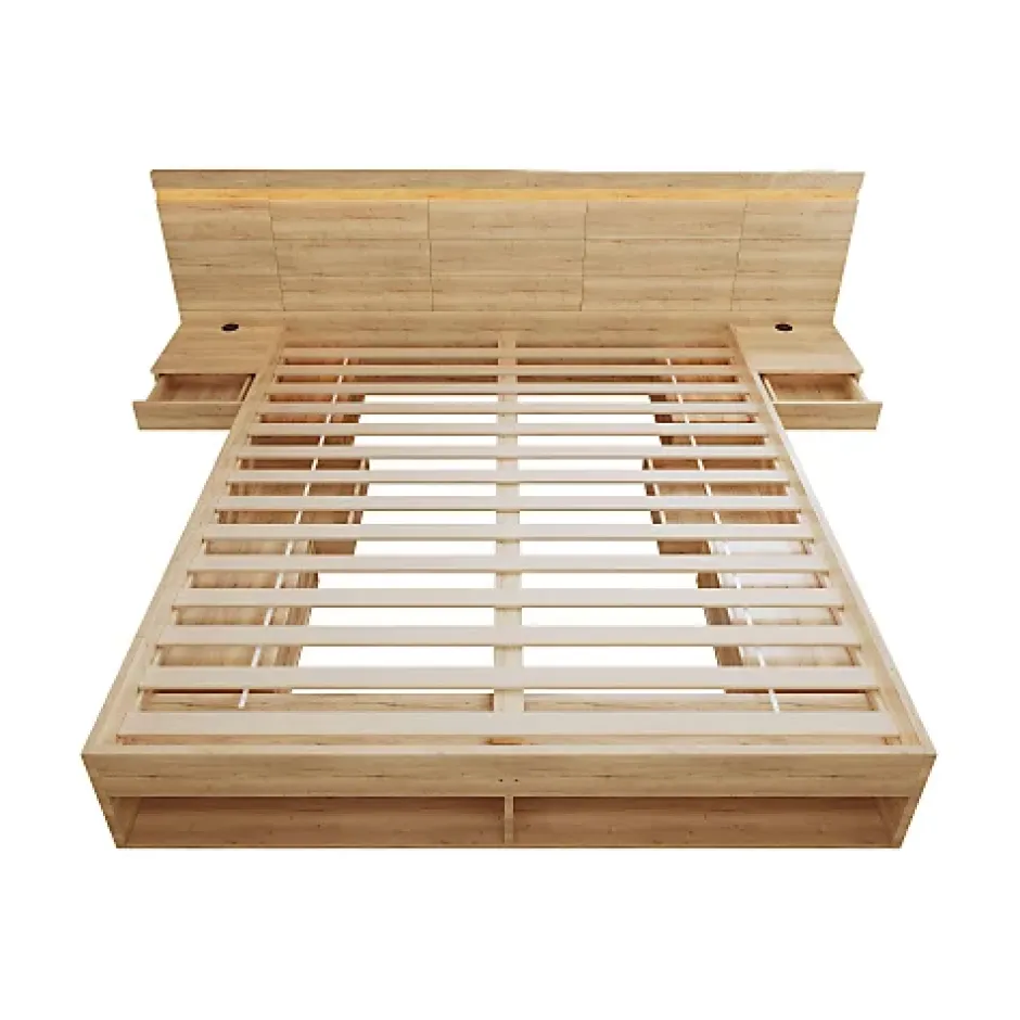ModernLuxe Lit double en bois 180x200cm - avec tiroirs et 2 tables de chevet - Éclairage LED - Ports USB et Type-C - Naturel (sans matelas) New