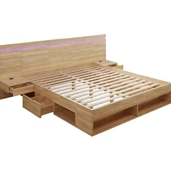 ModernLuxe Lit double en bois 180x200cm - avec tiroirs et 2 tables de chevet - Éclairage LED - Ports USB et Type-C - Naturel (sans matelas) New