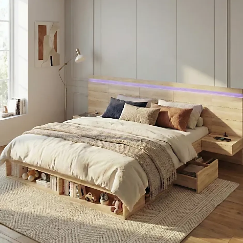 ModernLuxe Lit double en bois 180x200cm - avec tiroirs et 2 tables de chevet - Éclairage LED - Ports USB et Type-C - Naturel (sans matelas) New