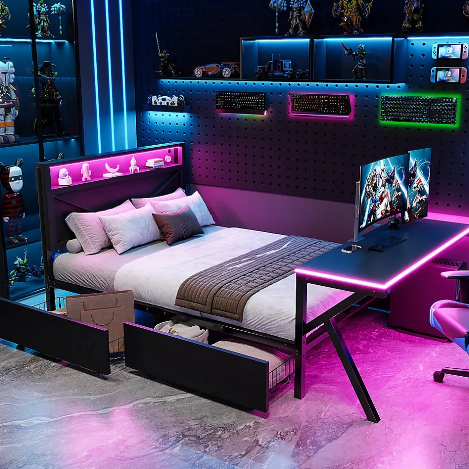 ModernLuxe Lit double en métal 140x200cm - avec tête de lit LED - 2 tiroirs et bureau avec éclairage LED - Noir (Matelas non inclus)
