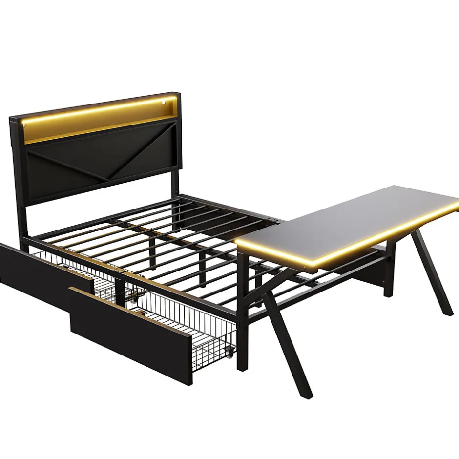 ModernLuxe Lit double en métal 140x200cm - avec tête de lit LED - 2 tiroirs et bureau avec éclairage LED - Noir (Matelas non inclus)