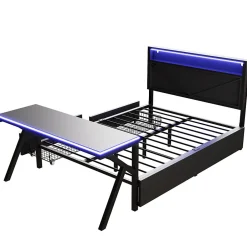 ModernLuxe Lit double en métal 140x200cm - avec tête de lit LED - 2 tiroirs et bureau avec éclairage LED - Noir (Matelas non inclus)