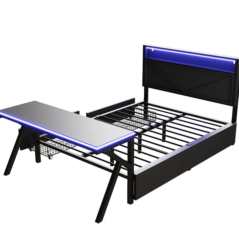 ModernLuxe Lit double en métal 140x200cm - avec tête de lit LED - 2 tiroirs et bureau avec éclairage LED - Noir (Matelas non inclus)